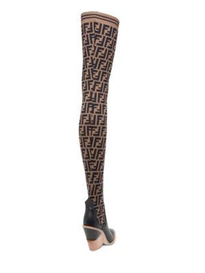 Shop Fendi Thigh-high Knit Leather Boots In Brown