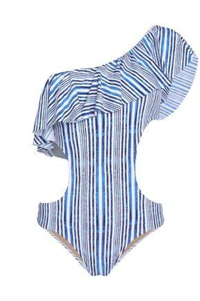 Shop Tart Collections Woman Enzo One-shoulder Cutout Striped Swimsuit Blue