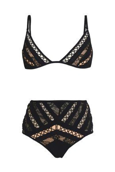 Shop Zimmermann Lace And Lattice-paneled High-rise Bikini In Black