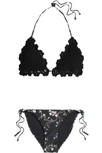 Shop Zimmermann Woman Crochet-knit And Floral-print Triangle Bikini Black