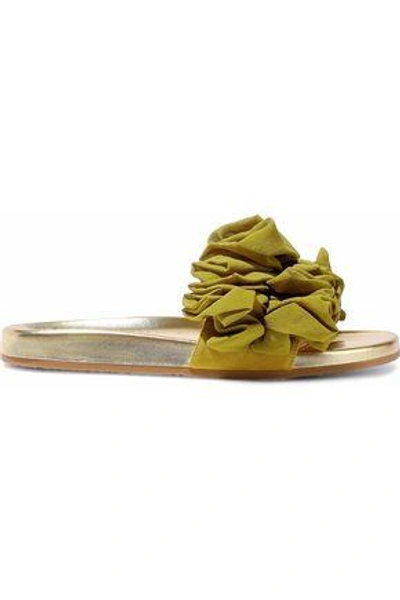 Shop Charlotte Olympia Woman Naia Ruffled Organza-appliquéd Suede And Metallic Leather Slides Chartreuse