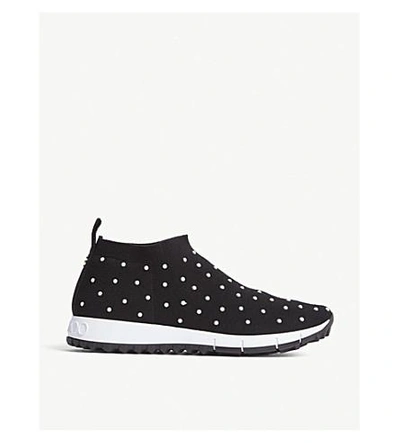Shop Jimmy Choo Norway Faux-pearl Embellished Knitted Sneakers In Black/white