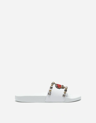 Shop Dolce & Gabbana Rubber And Calfskin Sliders With Decorative Details In White