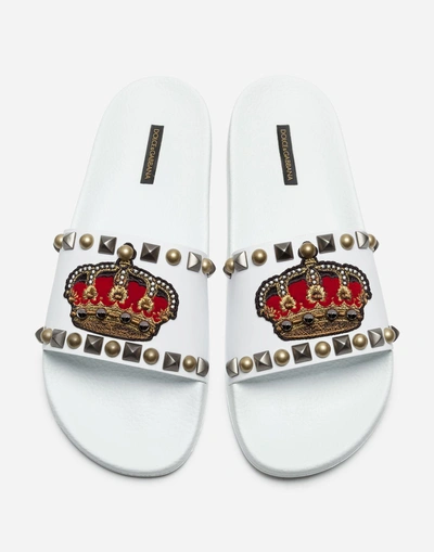 Shop Dolce & Gabbana Rubber And Calfskin Sliders With Decorative Details In White