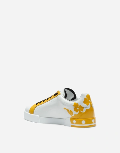 Shop Dolce & Gabbana Portofino Sneakers In Printed Patent Calfskin In White/yellow