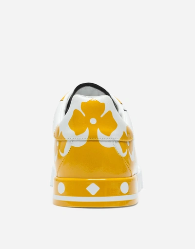 Shop Dolce & Gabbana Portofino Sneakers In Printed Patent Calfskin In White/yellow