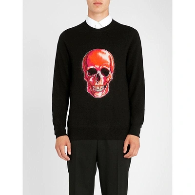 Shop Alexander Mcqueen Skull-embroidered Wool And Mohair-blend Jumper In Black Orange