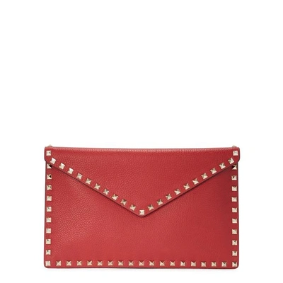 Shop Valentino Rockstud Red Leather Pouch In Rose