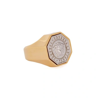 Shop Versace Gold Tone Medusa Ring In Silver