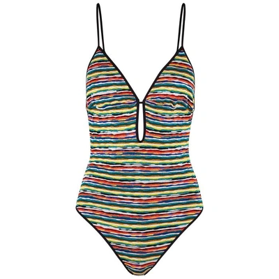 Shop Missoni Striped-knit Plunge Swimsuit In Multicoloured
