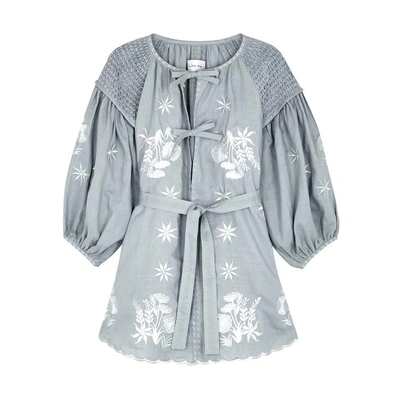 Shop Innika Choo Hans Ufmafrok Smocked Linen Mini Dress In Grey
