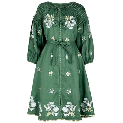 Shop Innika Choo Hugh Jesmok Smocked Linen Dress In Green