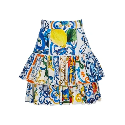 Shop Dolce & Gabbana Printed Ruffle-trimmed Cotton Skirt In Multicoloured