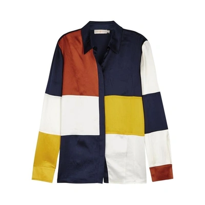 Shop Tory Burch Reese Colour-block Silk Satin Shirt In Navy
