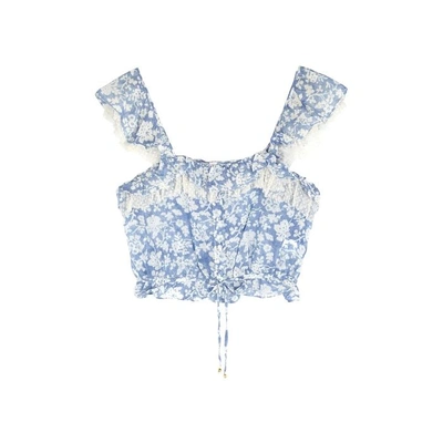 Shop Loveshackfancy Mia Floral-print Cropped Cotton-blend Top In Blue