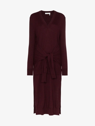 Shop Chloé V-neck Knitted Waist Tie Wool Dress In Red