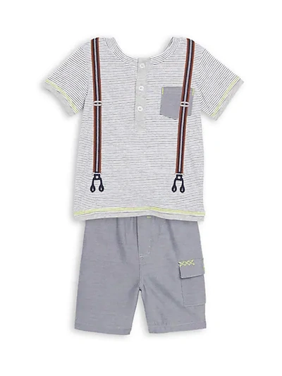 Shop Miniclasix Baby's Two-piece Cotton Striped Top And Shorts Set In Grey