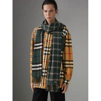 Shop Burberry Gosha X  Check Cashmere Double Scarf In Dark Forest Green
