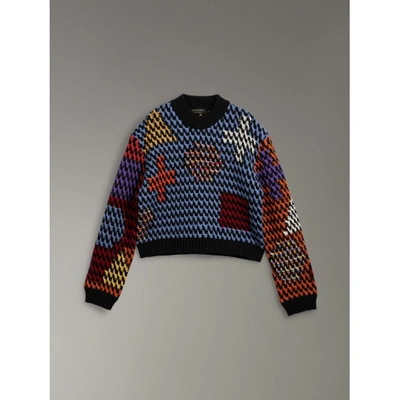 Shop Burberry Multicoloured Cable Knit Wool Sweater In Powder Blue/multicolour