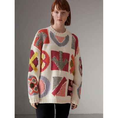 Burberry Motif Intarsia Wool Cashmere Blend Sweater In Natural White |  ModeSens