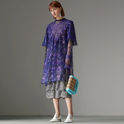 Shop Burberry Laminated Lace Cape Sleeve Dress In Bright Purple
