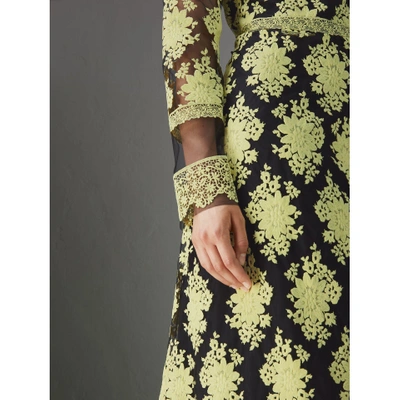 Shop Burberry Floral-embroidered Long-sleeve Dress In Pale Camomile/black