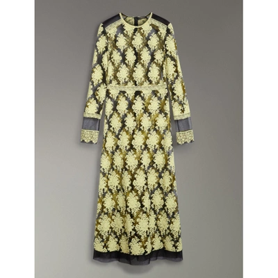 Shop Burberry Floral-embroidered Long-sleeve Dress In Pale Camomile/black