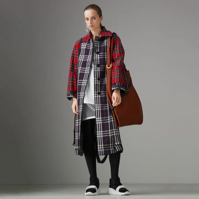 Shop Burberry Check And Tartan Cotton Trench Coat In Navy
