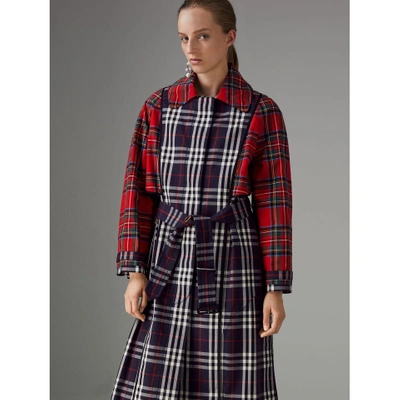 Shop Burberry Check And Tartan Cotton Trench Coat In Navy