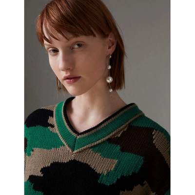 Shop Burberry Camouflage Intarsia Cotton V-neck Sweater In Military Khaki