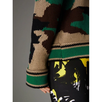 Shop Burberry Camouflage Intarsia Cotton V-neck Sweater In Military Khaki