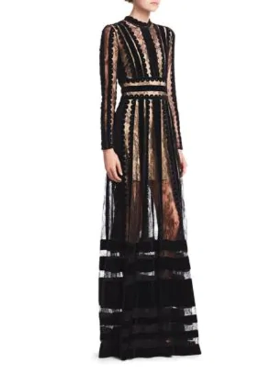 Shop Elie Saab Sheer Lace Velvet Paneled Gown In Black