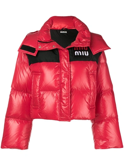 Shop Miu Miu Cropped Hooded Puffer Jacket - Red