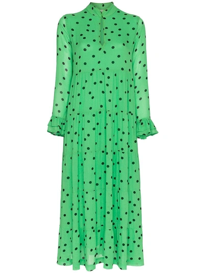 Shop Ganni Polka Dot Maxi Dress In 777classicgreen