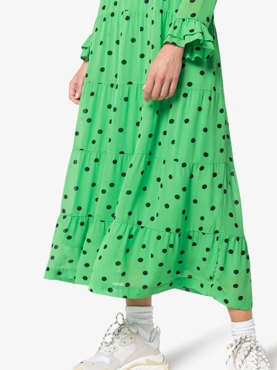 Shop Ganni Polka Dot Maxi Dress In Green