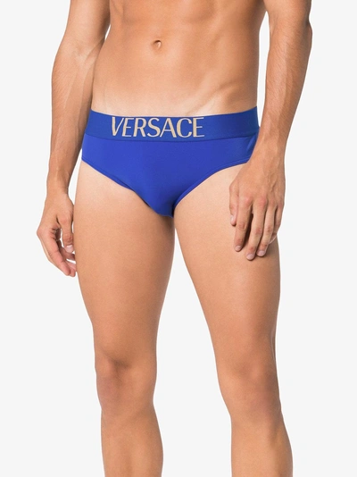 Shop Versace Logo Swim Short Briefs In Blue