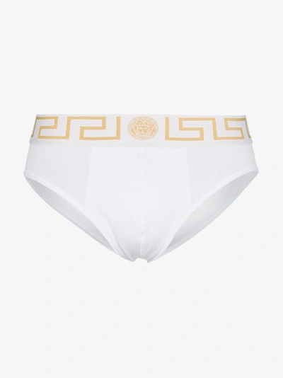 Shop Versace 2 Pack Gold Trim Logo Greek Briefs In White