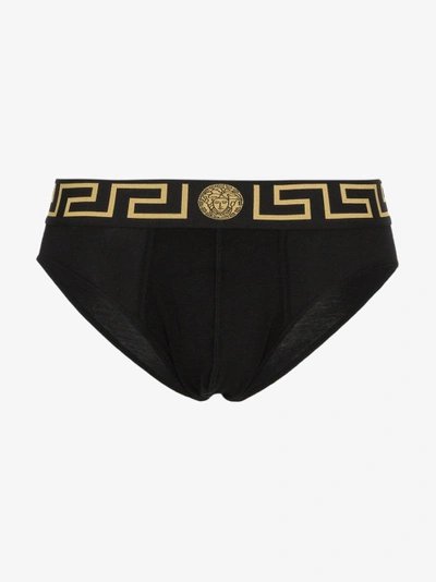 Shop Versace 2 Pack Gold Trim Logo Greek Boxer Shorts In Black