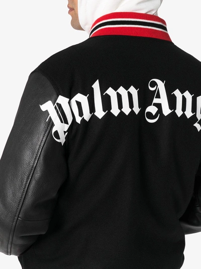 Shop Palm Angels Logo Print Leather Suede Varsity Jacket In Black