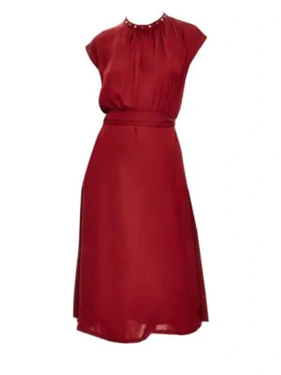 Shop Sandro Conique High-collar Tie Waist Dress In Ruby