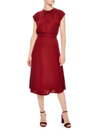 Shop Sandro Conique High-collar Tie Waist Dress In Ruby