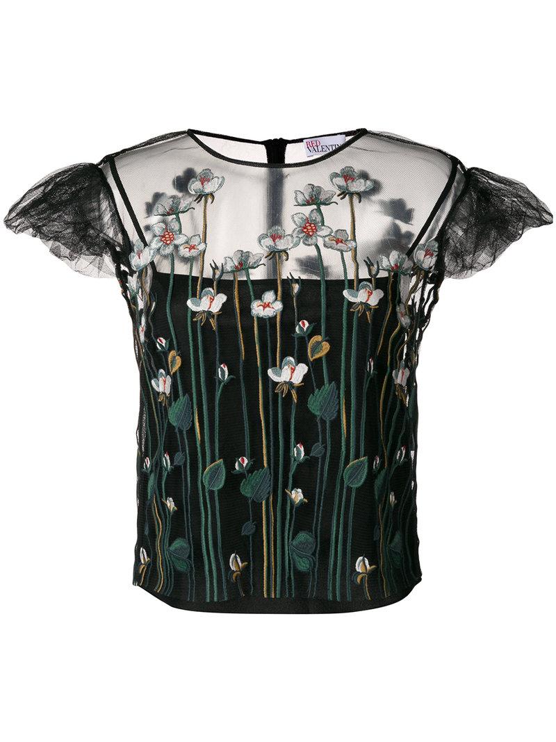 black sheer floral embroidered top