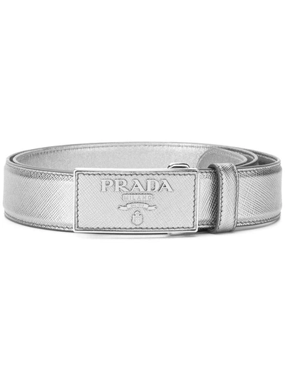 Shop Prada Saffiano Logo Belt In Metallic