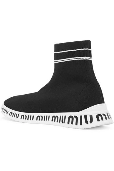 Shop Miu Miu Logo-embossed Stretch-knit High-top Sneakers