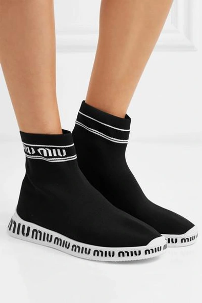 Shop Miu Miu Logo-embossed Stretch-knit High-top Sneakers