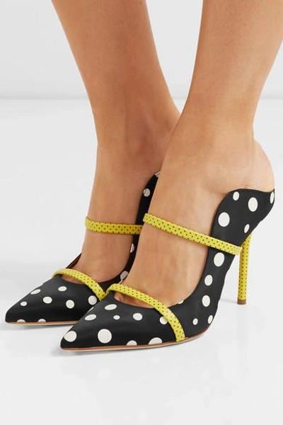 Shop Malone Souliers Maureen 100 Polka-dot Leather-trimmed Faille Mules In Black