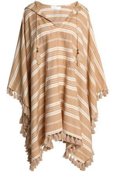 Shop Zimmermann Woman Tulsi Ticking Tasseled Striped Linen And Cotton-blend Hooded Coverup Camel