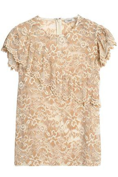 Shop Ganni Ruffle-trimmed Lace Top In Sand