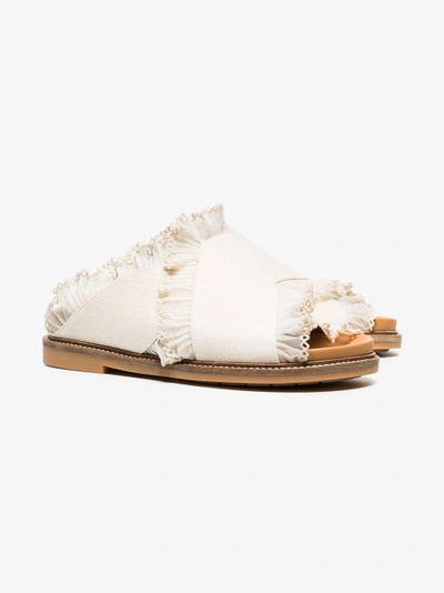 Shop Ganni Beige Beth Cross-over Ruffle Cotton Slides In Nude/neutrals