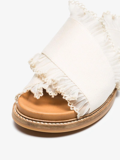 Shop Ganni Beige Beth Cross-over Ruffle Cotton Slides In Nude/neutrals